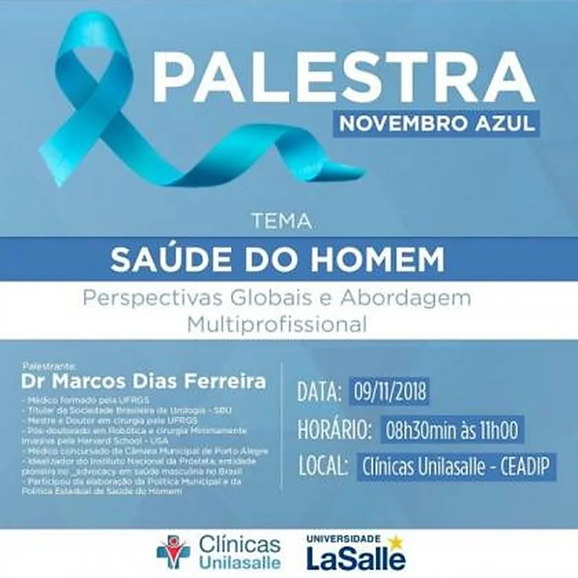 Card de divulgação da palestra Novembro Azul “Saúde do Homem”, com o Dr. Marcos Dias Ferreira, em 9 de novembro de 2018, nas Clínicas Unilasalle